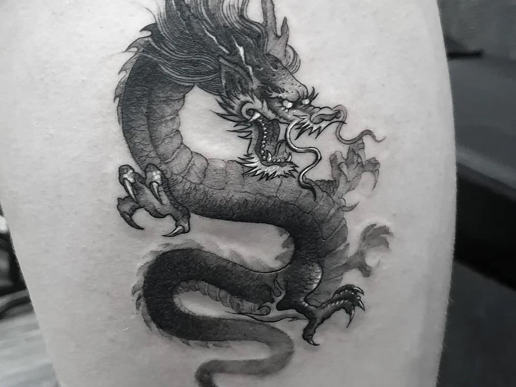 Blue dragon wolf tattoo, asian style, tattoo on back