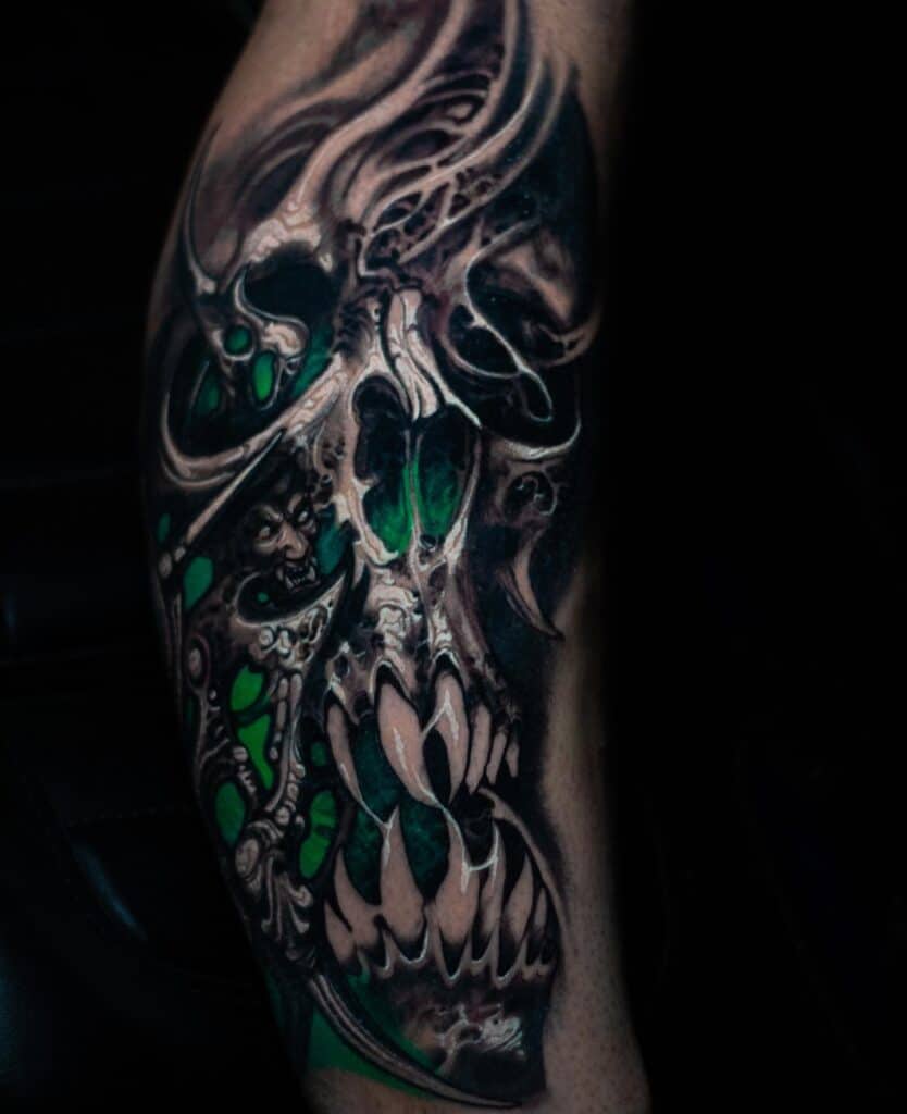 Realistic custom color oni bio organic leg tattoo by Sorin Gabor : Tattoos